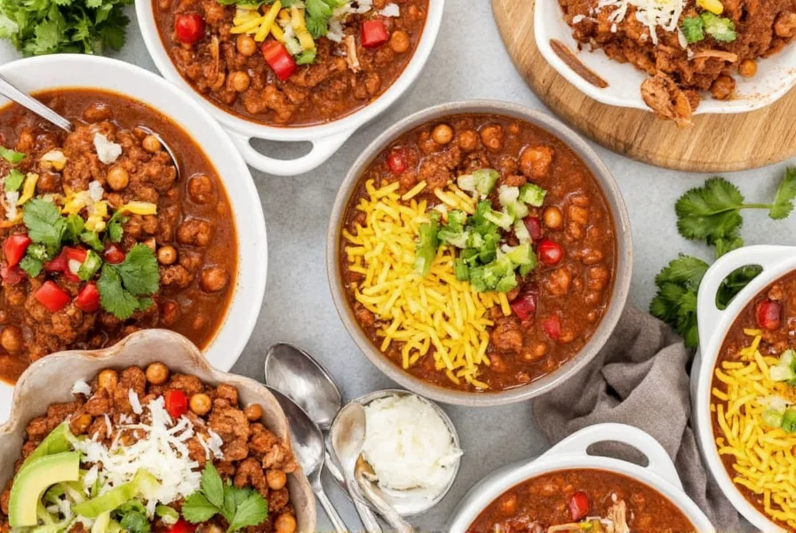 Variety of instant pot chili styles including beef, white chicken, and vegetarian options served in bowls with different toppings