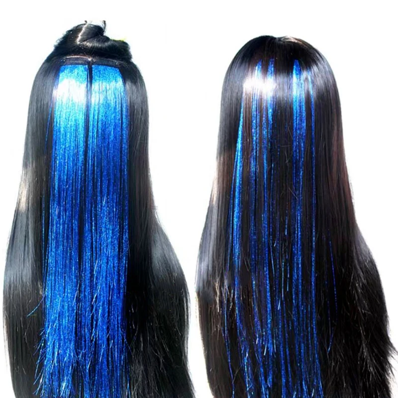 

Synthetic hair Metallic Glitter Tinsel Laser Hair Extension Long Straight Hairpiece, 6 sea blue