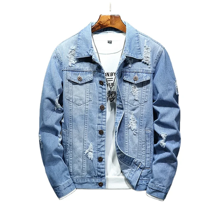 

Hot selling jackets denim men blue jeans jacket for spring summer distressed jean jacket mens, Blue denim jacket for men
