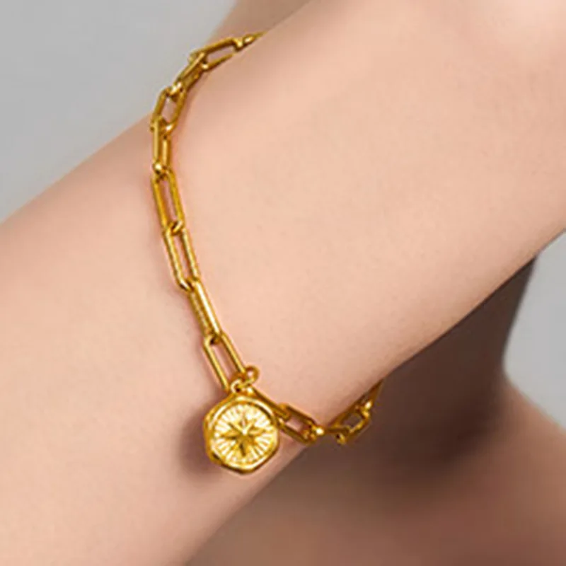 

High End 18k Gold Plated Stainless Steel starburst Bracelet for Women Wholesale Jewelry Paper Link Chain Bracelet