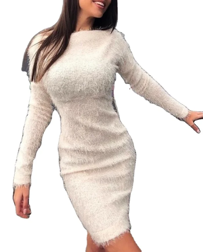 

2020 New Women's Casual Dress Plush Sexy Waist Long Sleeve Dress Autumn and Winter Crew Neck Straight Simple Full Adults Natural, Picture color