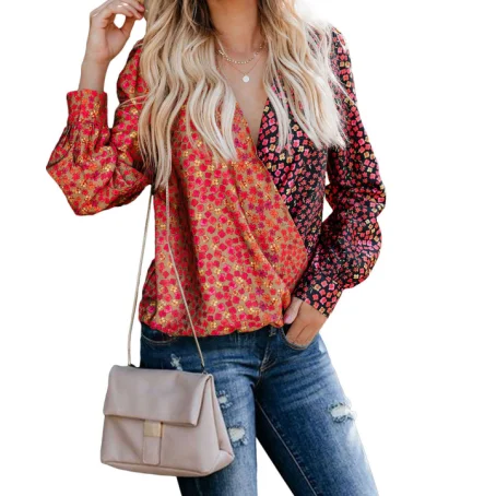 

Wholesale Asymmetrical Contrast Print Wrap V Neck Long Sleeve Blouses Womens Tops Blouses Fall 2020, As shown