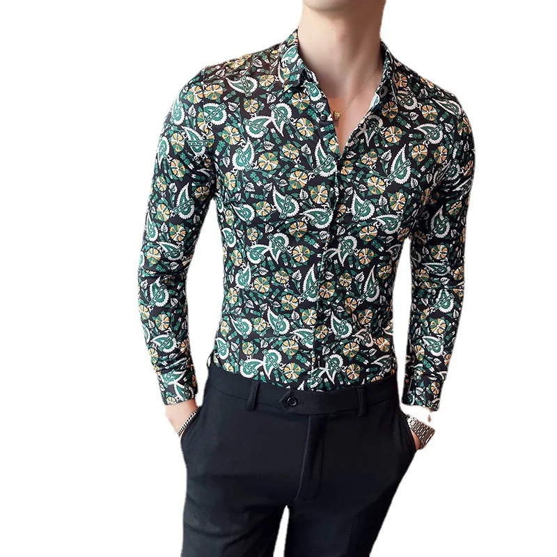 

Men Print Vintage Dress Shirts High-end Casual Street wear Men Clothing Slim Long Sleeve Nightclub Party Blouse Shirt