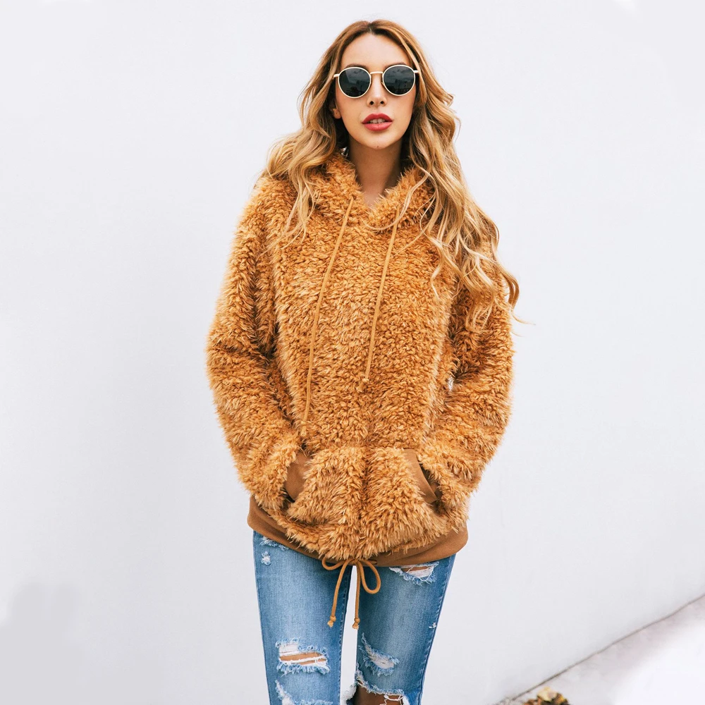 Long Sleeve Casual Warm Winter Autumn Loose Tops Hot Selling Women's Oversized Sherpa Pullover Hoodie with Pockets Sweatshirt