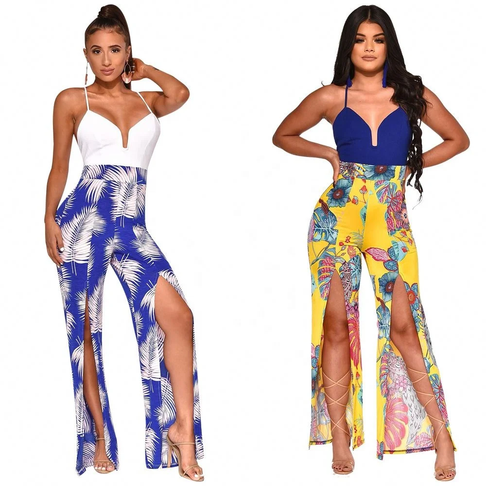 

Explosive sling V-neck halter split leaf contrast printed jumpsuit dresses new arrivals designer women famous brands clothes