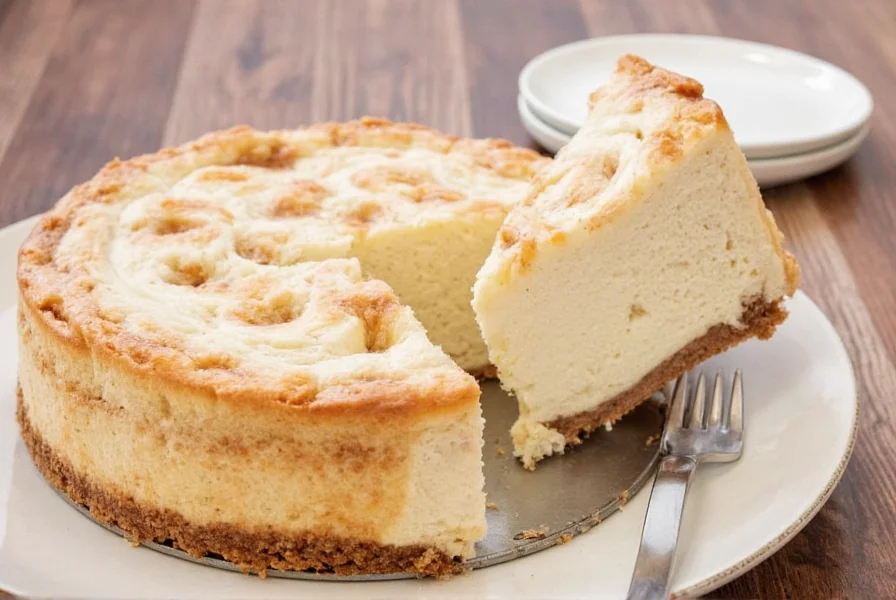 Step-by-step process showing cinnamon roll cheesecake batter preparation and swirl technique