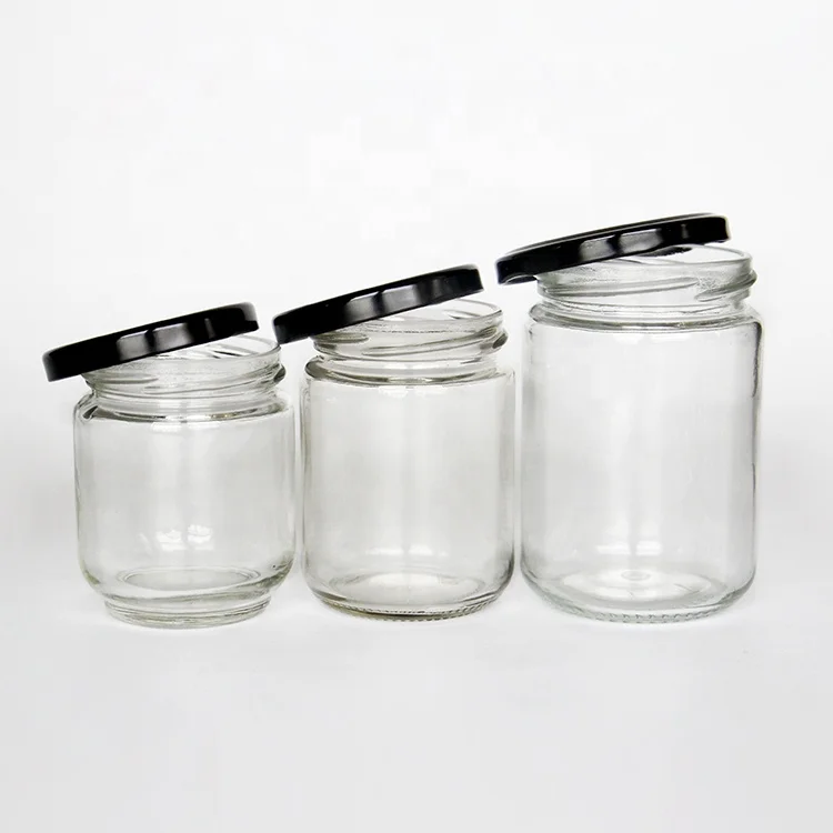 

100ml 195ml 240ml 350ml Custom Label Empty Round Glass Jam Jar with Metal Lid, Clear