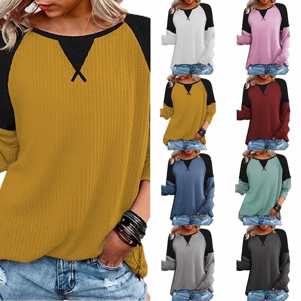

2021 Factory Sales Women's Shirt Round Neck Long Sleeve Contrast Color Loose Ladies Shirt Casual
