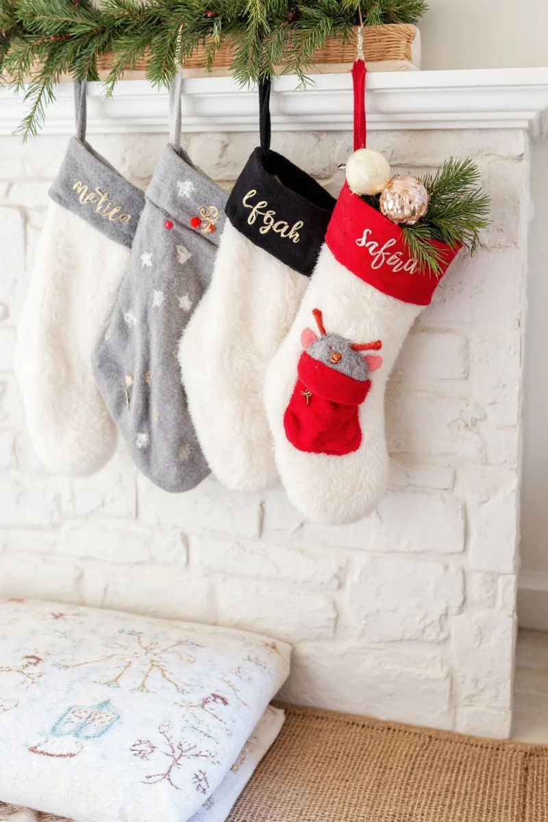 Personalized initial stockings hanging neatly by the fireplace