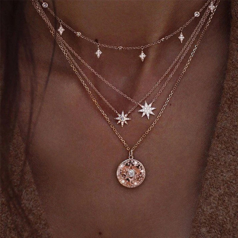

Vintage Multi Layered Choker Chain Necklaces for Women Popular Trendy Jewelry Round Sequin Star Moon Drop Pendant