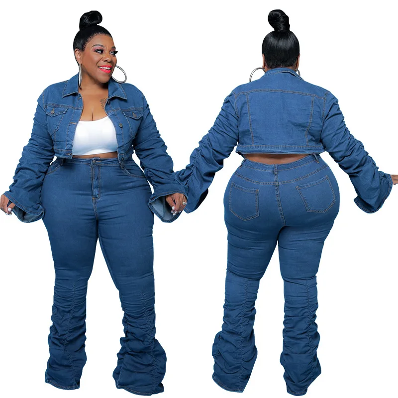 

New arrival Plus-size women's fall/Winter 2021 denim two-piece pleated stack pants sets, 2 different color