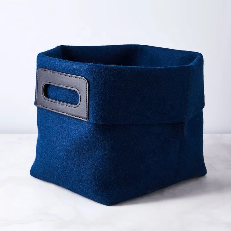 Stocked Feature And Foldable Felt Storage Basket Leather Handle