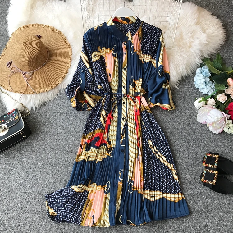 

Women stand-up collar loose pleated long-sleeved printed chiffon dress