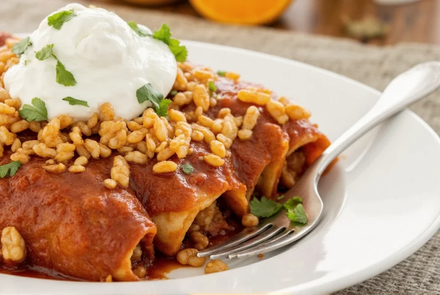 Plated mole enchiladas with sides and beverages