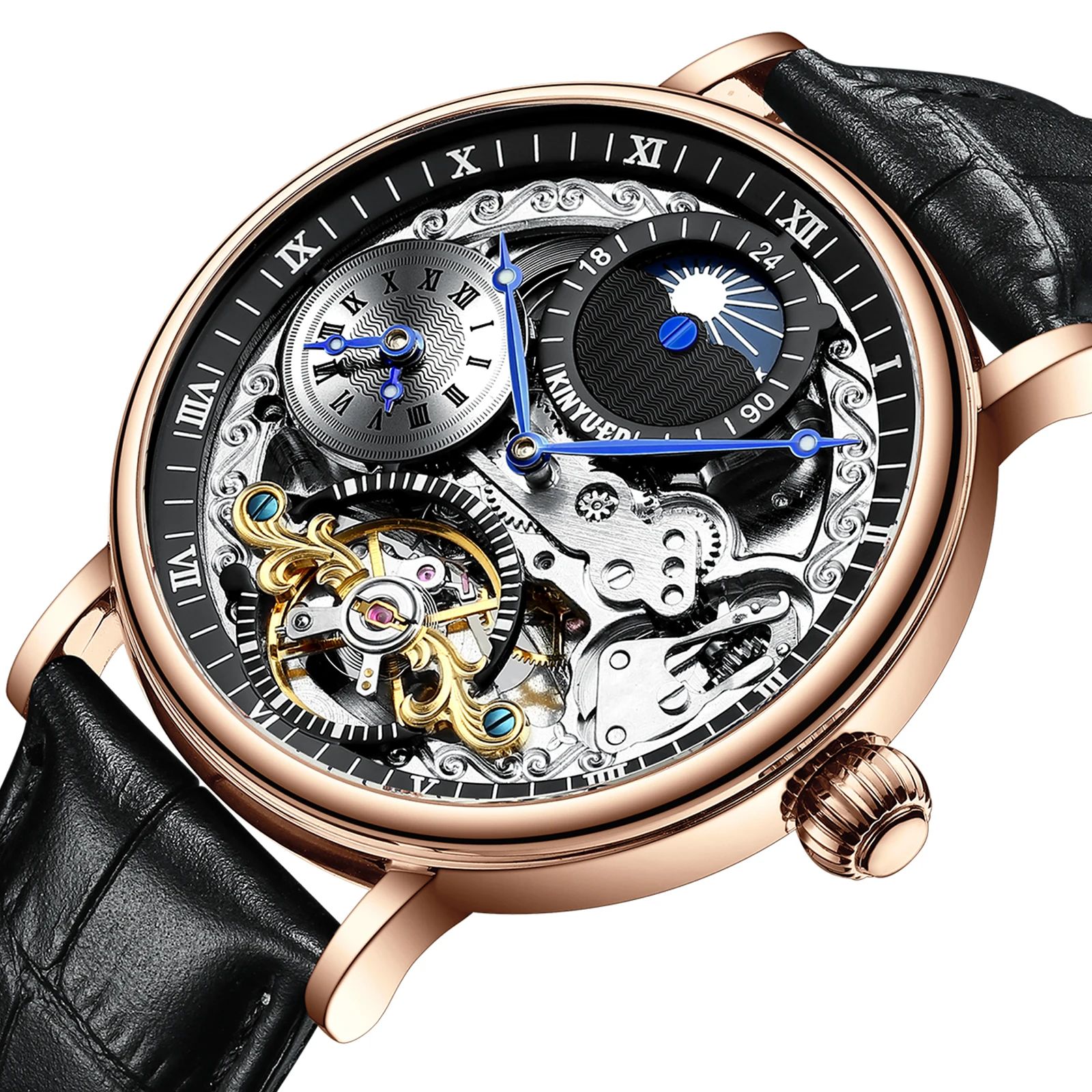 

KINYUED brand high quality alloy Italian Genuine Leather Tourbillon movement mechanical watches