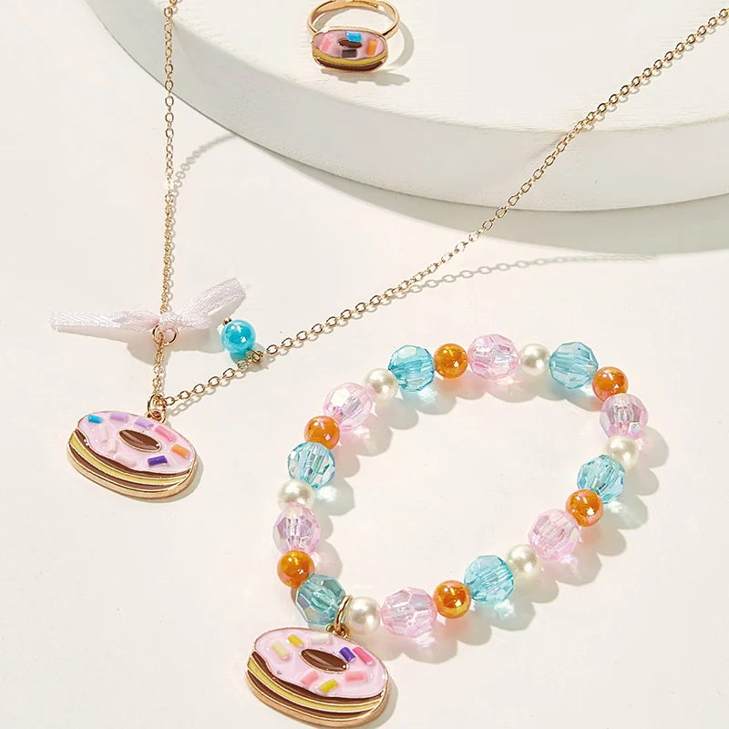 

Wholesale New Design Children Necklace Bracelet Ring Donuts Cute Jewelry Sets For Women