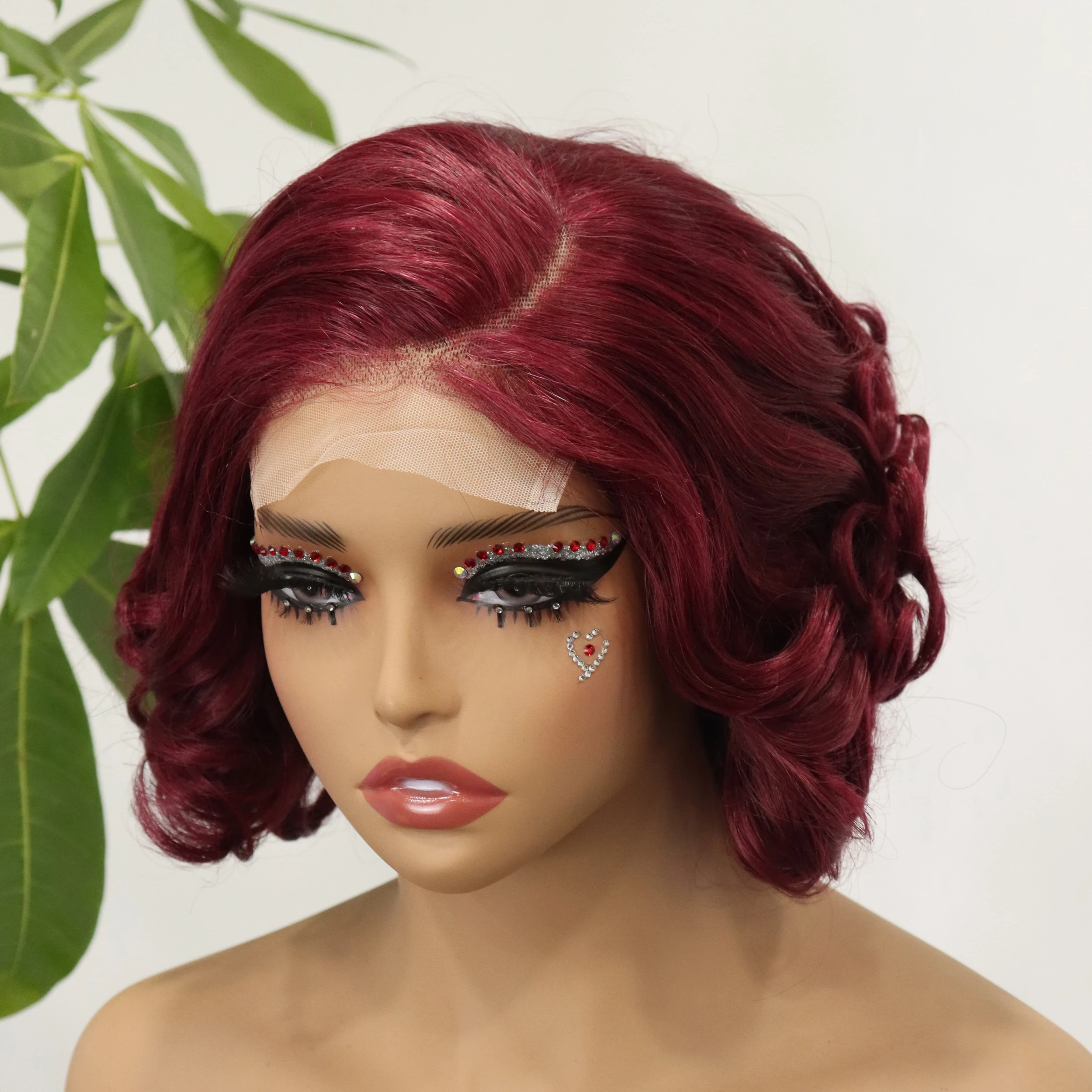 Wholesale Pixie Cut Lace Closure Wig 4x4 Human Hair Short Bob Wig 99J Red Color Bouncy Curls Pixie Wigs for Black Women