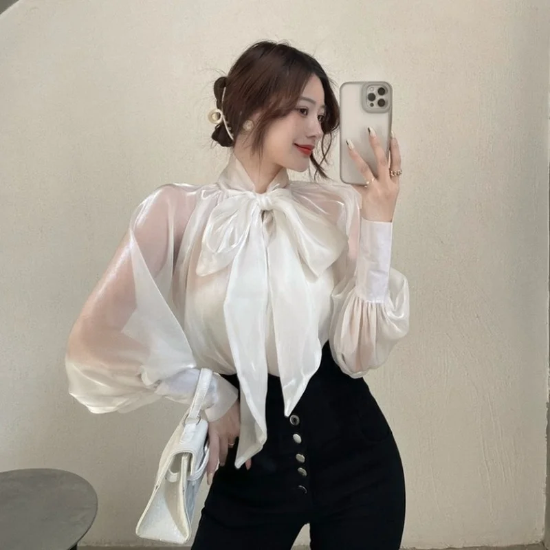 

Wholesale 2021 Spring and Summer New Fashion Elegant Temperament Loose Bow Shirt Puff Sleeve OL Style Retro Women Blouse, One size