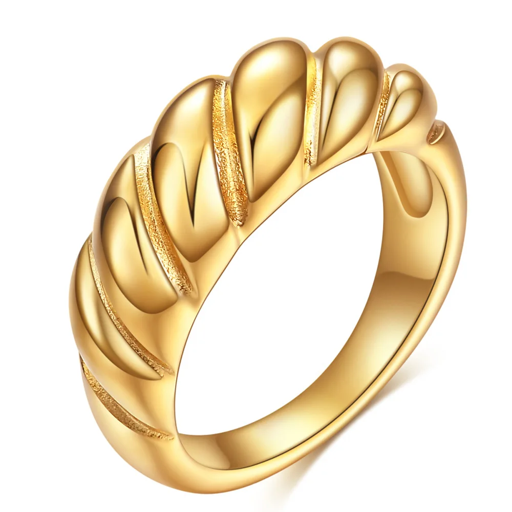 

Hot Selling Classic Stainless Steel 18K Gold Plated Texured Ring Gold Twisted Band Finger Rings for women Men