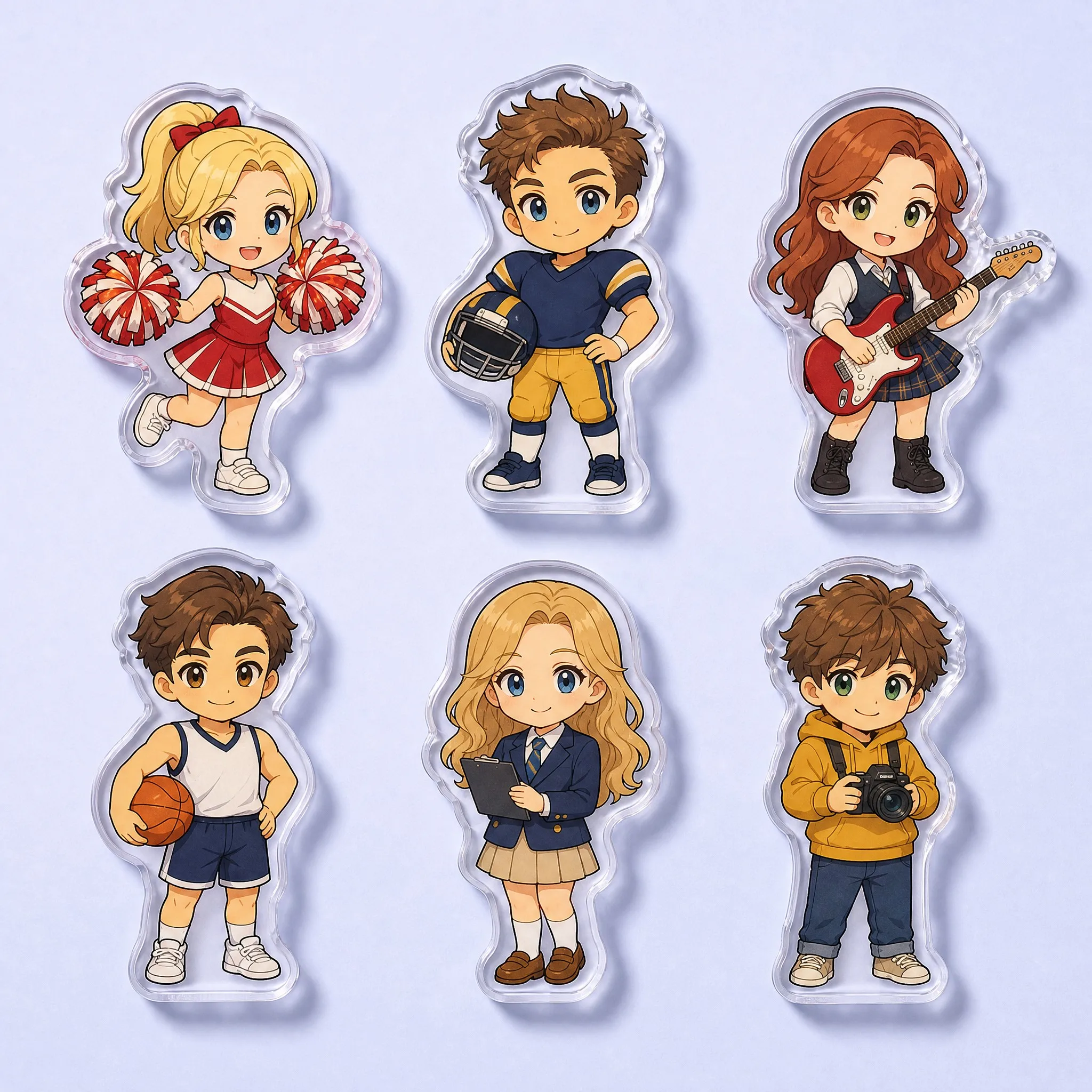 6 Campus Varsity Sports and Clubs Chibi Figures: Cheerleader, Football Quarterback, Electric Guitarist, Basketball Player, Student Council President, Photographer