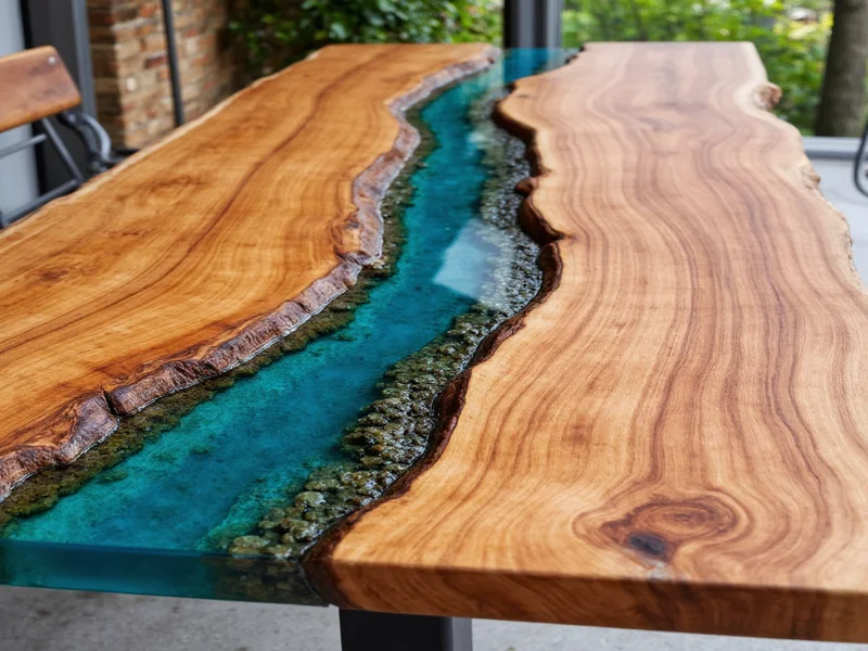 Reclaimed wood table with resin river detail
