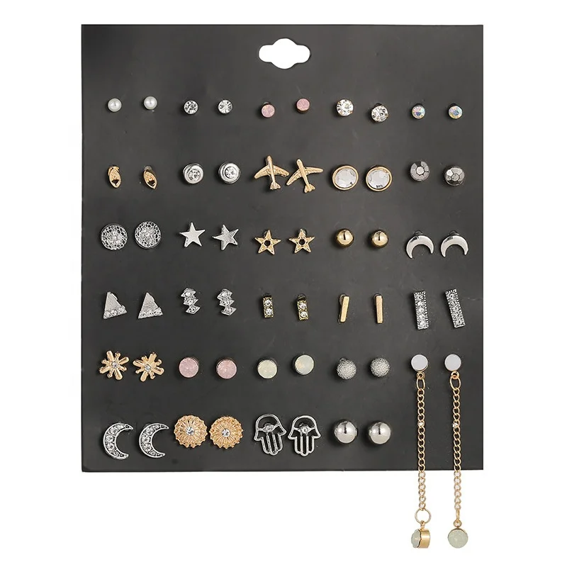 

New Jewelry Set Gold Silver Moon Airplane Star Zircon 29 pairs Card Earring Set Women's Hoop Earrings Ear Studs Wholesale, 2 colors