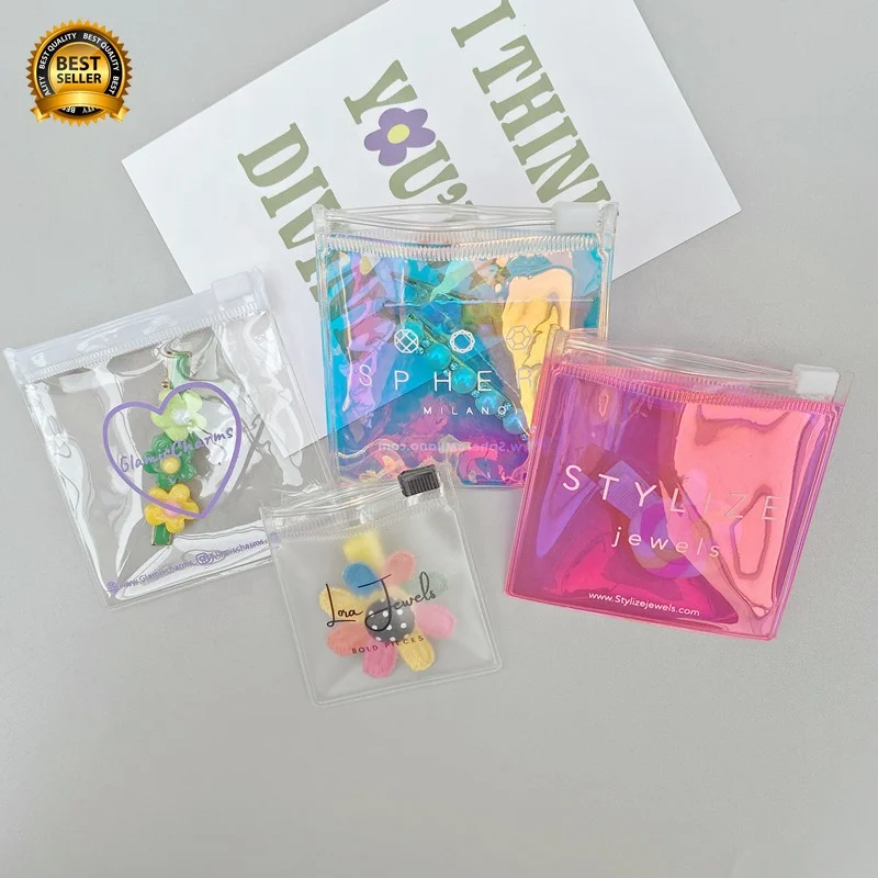 

Biodegradable PVC plastic zipper clear jewelry bag with logo mini ziplock holographic jewelry pouch for ring earring packaging