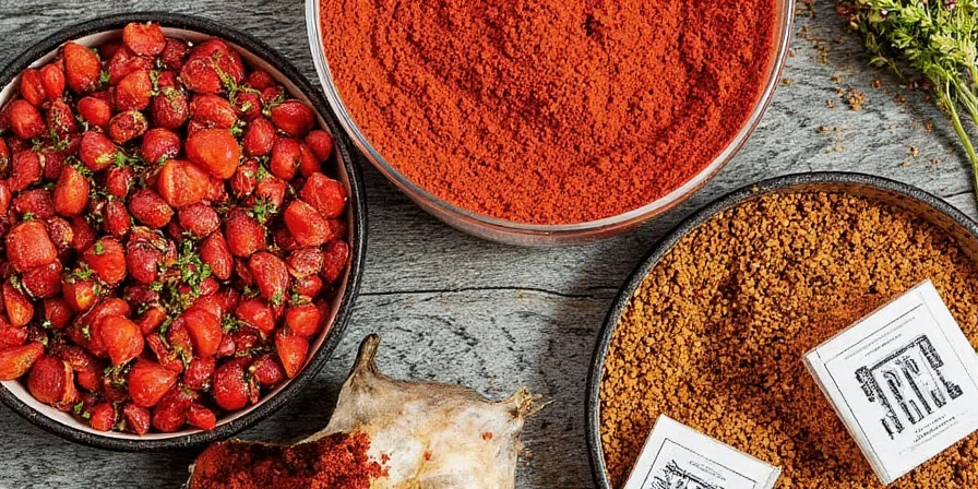 Tray of Mexican spices including chili peppers, annatto, and oregano