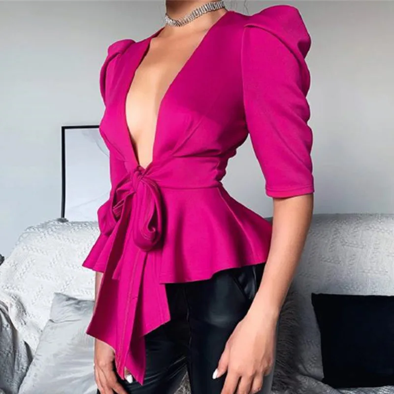 

Retro lace-up V-neck ruffled fashion solid color half sleeve short sweet jacket