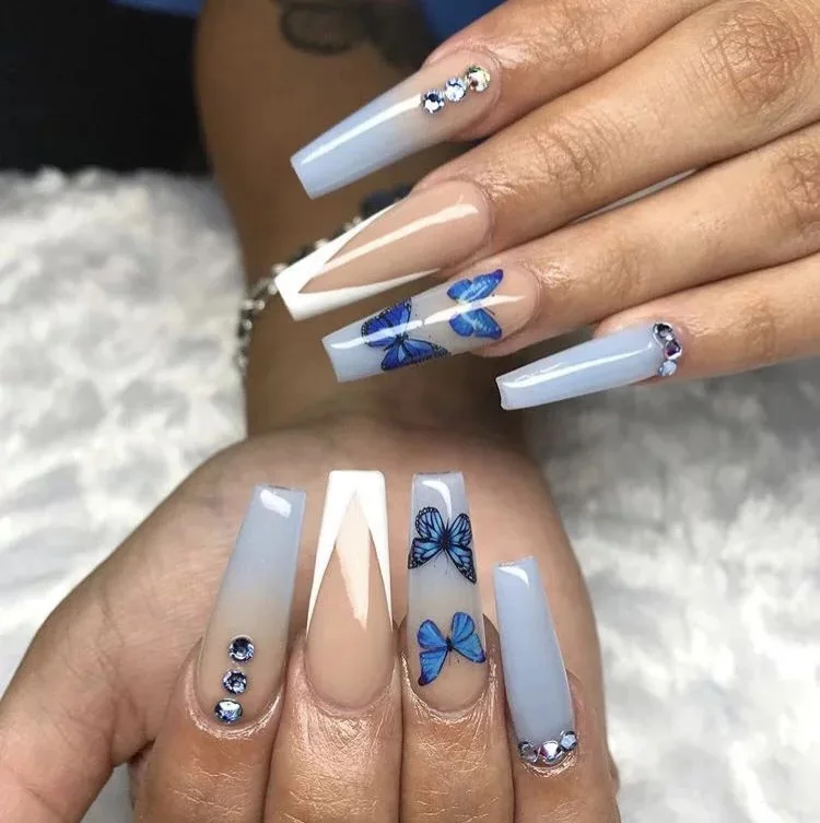 

24pcs press on nail blue false nail butterfly print rhinestone decoration long ballet nail detachable artificial fingernail