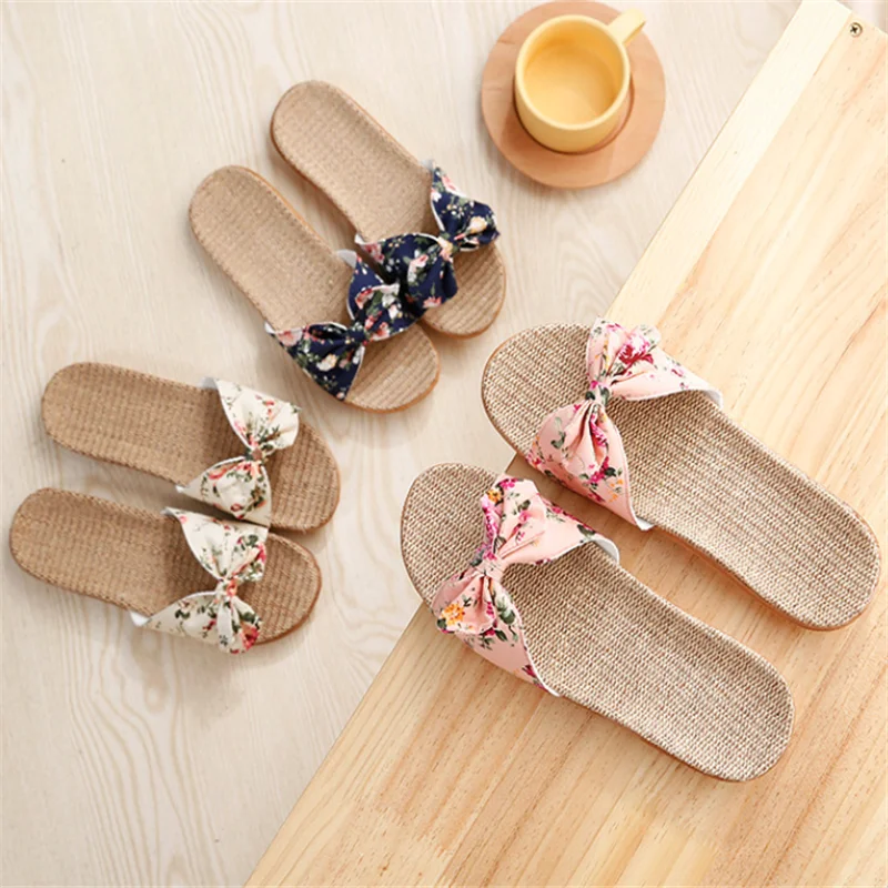 

Women's Summer Indoor Outdoor Home Floor Non-slip Office Sandals Bowknot Linen EVA Beach Slippers, As the picture display