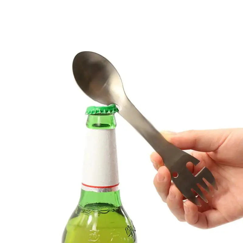 

Multifunctional Camping Travel Cookware Spoon Fork Bottle Opener Outdoor practical Portable Tool durable stainless steel spoon, Silver