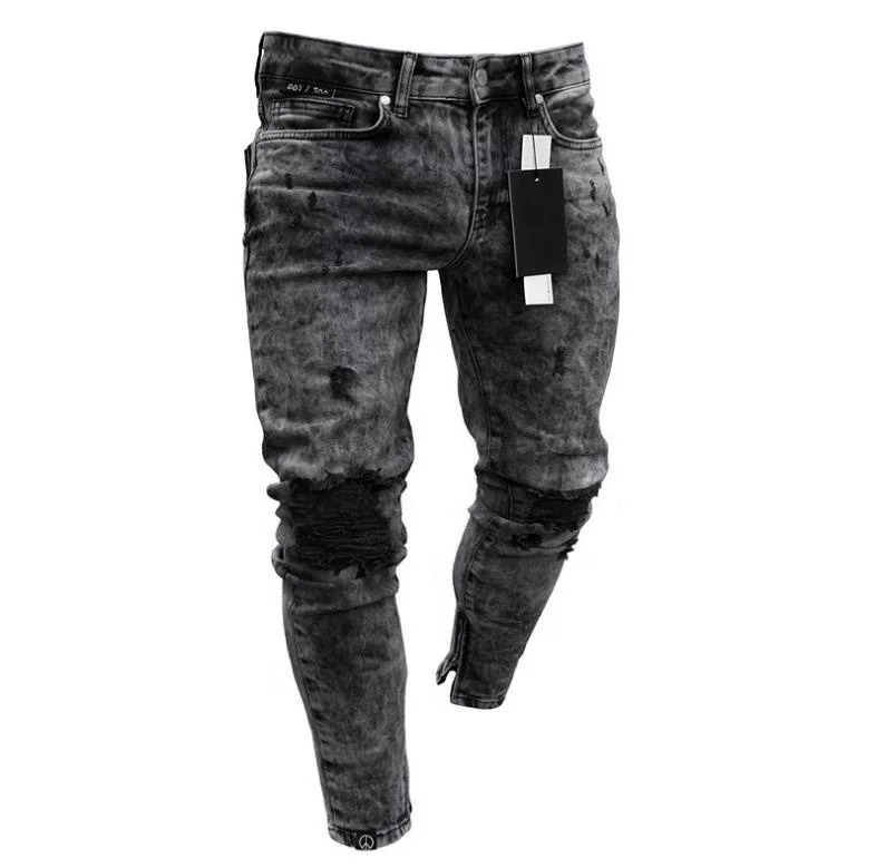 

Elastic Man Slim Ripped Hold Jeans Vintage Zippered Pencil pants