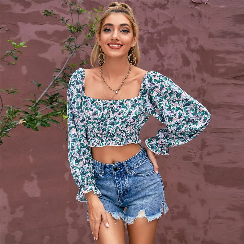 

DM Womens Manufacturer Cheap Lady Stylish Print Crop Top Outfit Women Clothing Frill Trim Shirred Floral Crop Tops, Shown