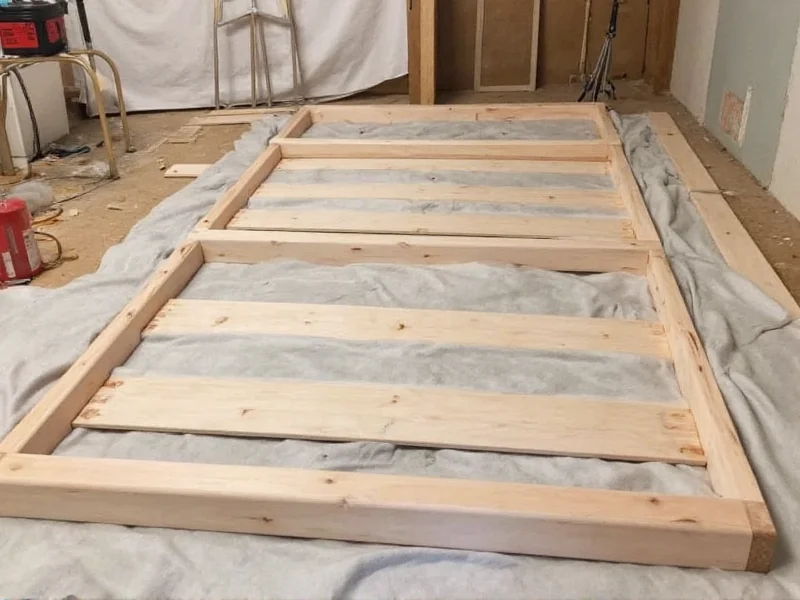 DIY bed frame construction process showing frame assembly