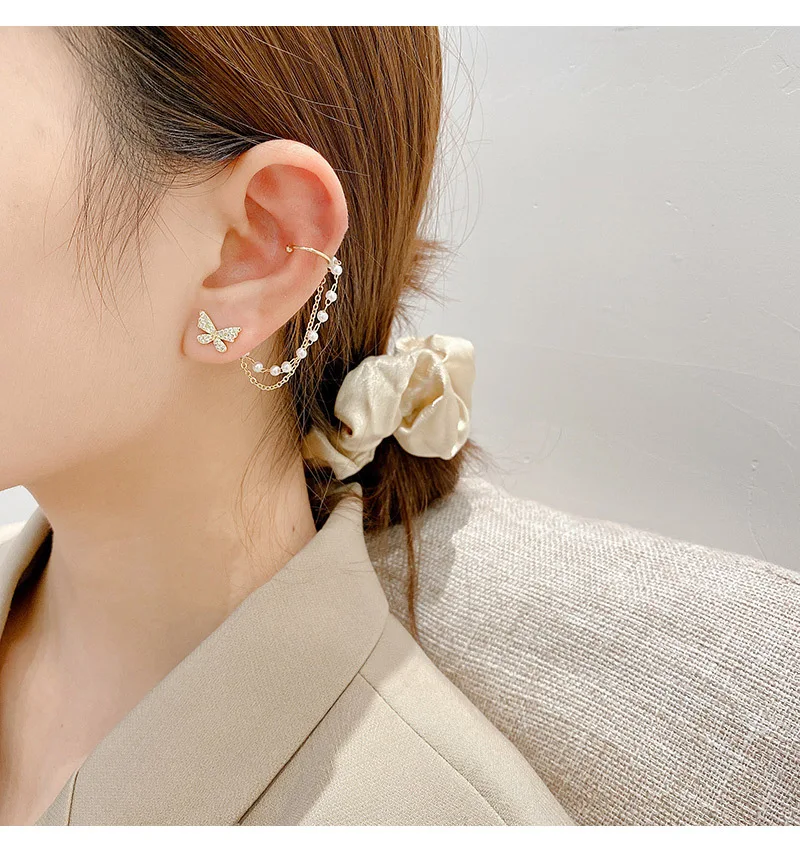 

Girls women temperament pearl butterfly clip earring, As pic
