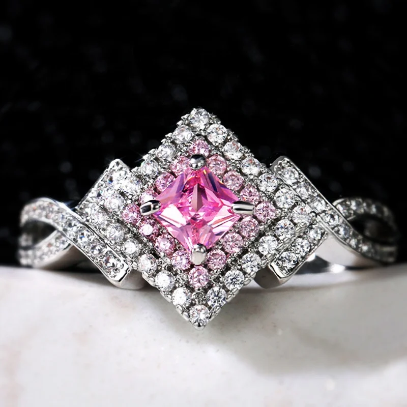 

Luxury Zircon Geometry Wedding Ring for Women Elegant Pink Crystal Romantic Bridal Band Ring Wholesale, Picture shows