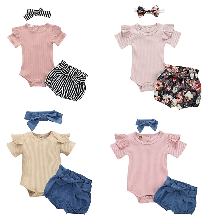 

Solid color summer lotus leaf printing sets short-sleeved top shorts 3Pcs newborn baby girl romper set