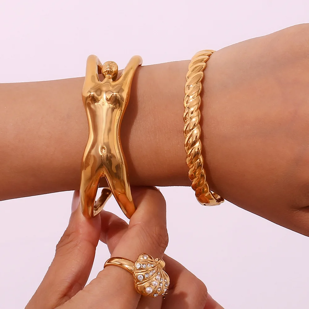 

2023 18k gold plated stainless steel adjustable body bamboo bracelet for woman