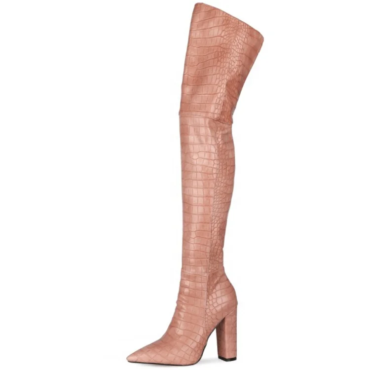 

Chunky Heel Thin High Boots Crocodile Print Women Shoes Long Boots Pointed toe Sexy Side Zipper Large Size 45 Women Boots, Pink,black