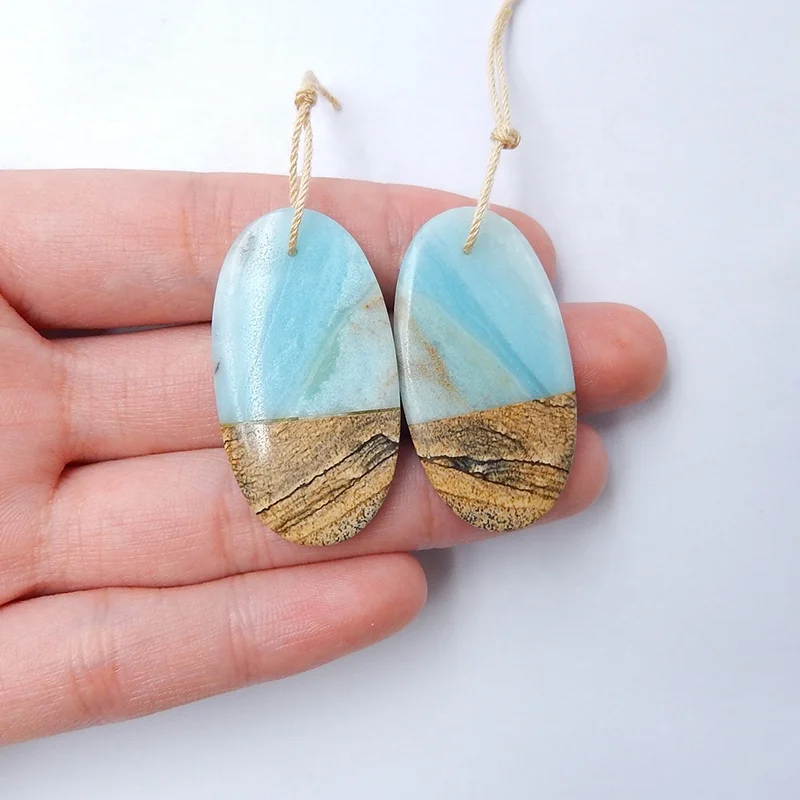 

Handmade Beaded Earrings Amazonte Picture Stone Oval Gemstone Beads Polished 37x20x4mm 9.1g, Natural