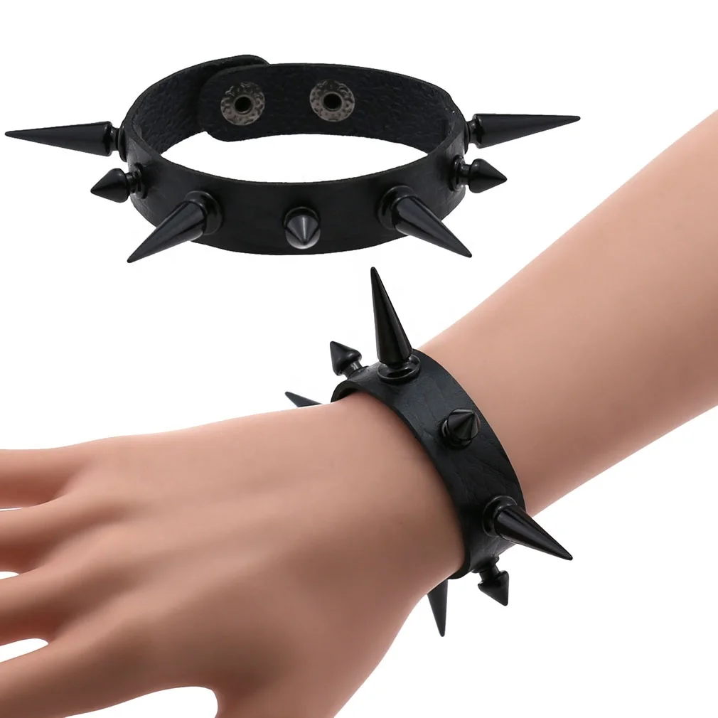 

Punk Gothic Black Spikes Nail Rivet Leather Unisex Bangle Bracelet
