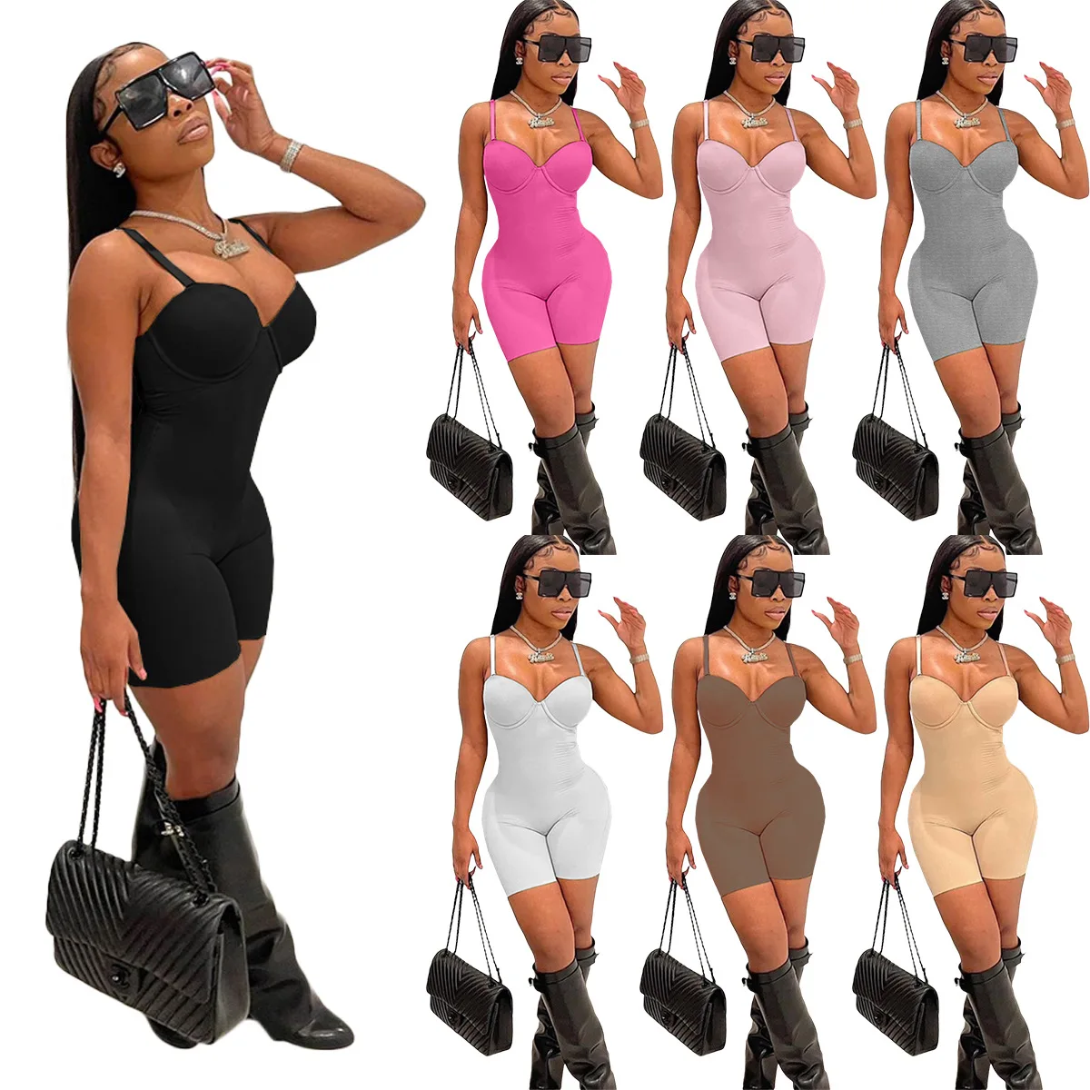 

2022 Low Cut Sling Sexy Bodycon Romper Ladies Custom Logo Summer Slim Shorts Jumpsuits For Women, Picture