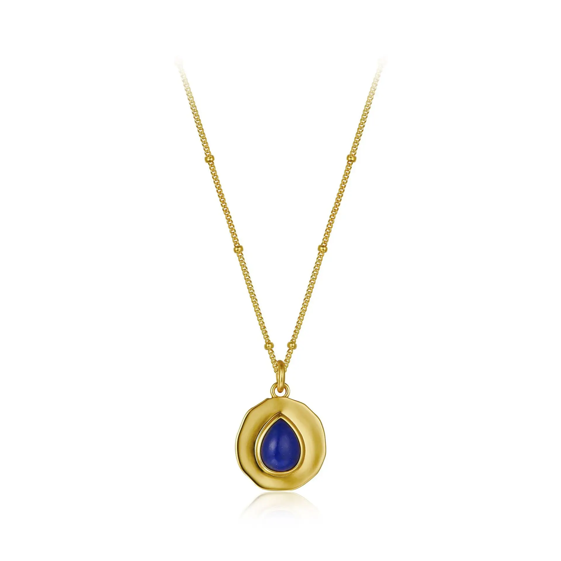 

High polished natural water drop gemstone birthstone necklace sterling silver chain mala necklace gemstone lapis for girls, Gold