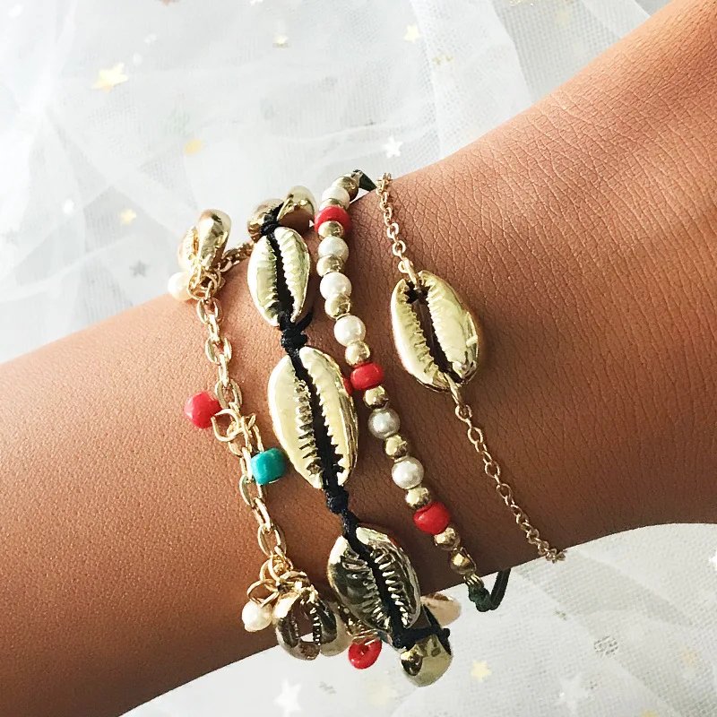 

Weihao Hot Sale Beach Style Jewelry Creative Popular Alloy Bracelet Shell Bead Bracelet Set, As picture show