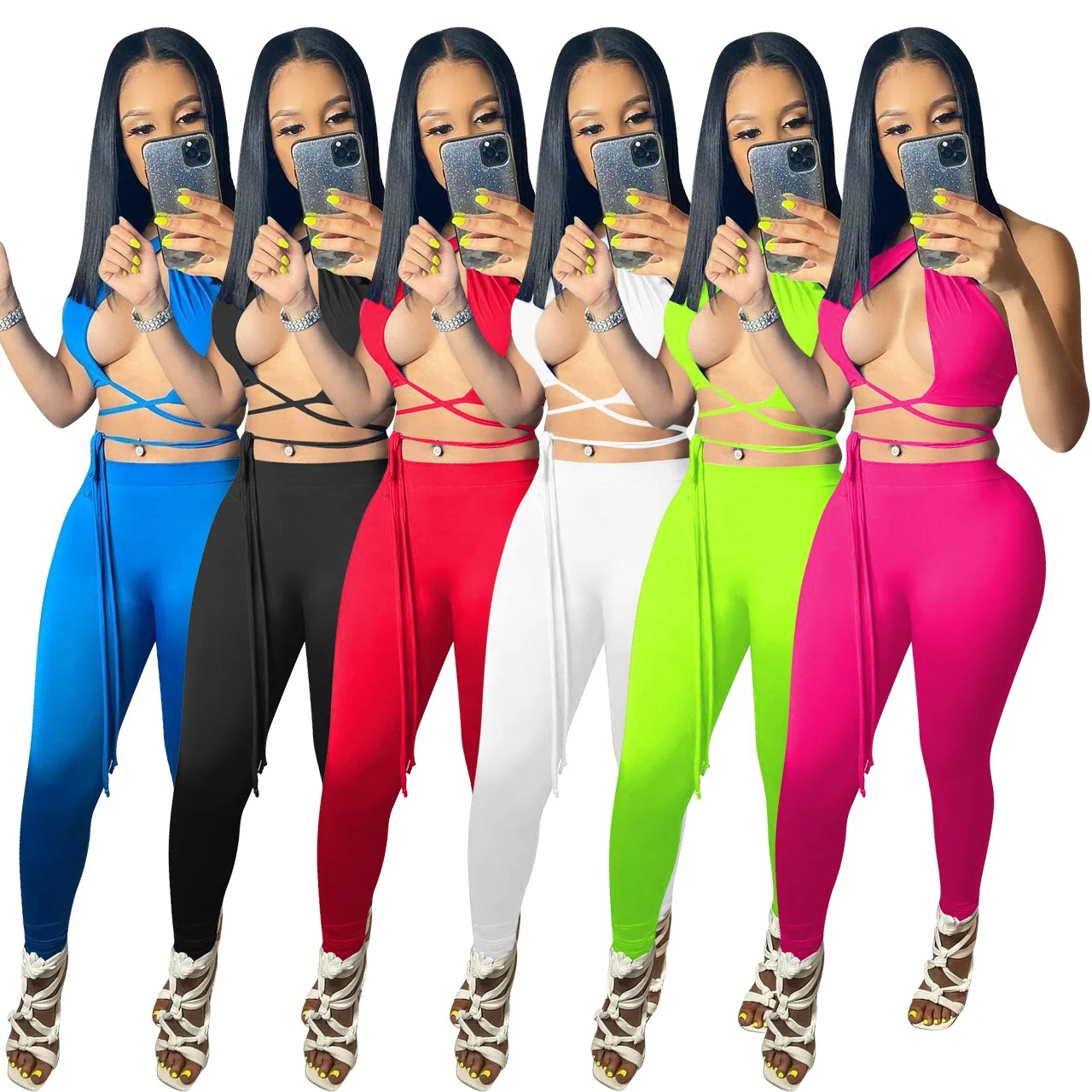 

YS-NK236 Street workout casual comfy 2 piece sweat pants sets for women plain sexy halter crop top two piece pants set summer, As picture shows or customized color