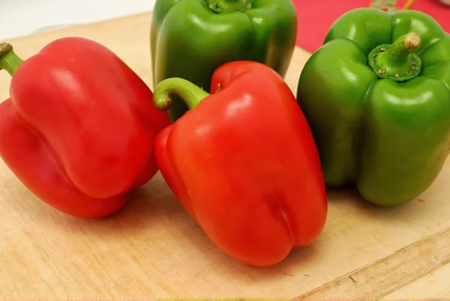 Close-up view of fresh red and green Fresno peppers on wooden cutting board with measuring scale