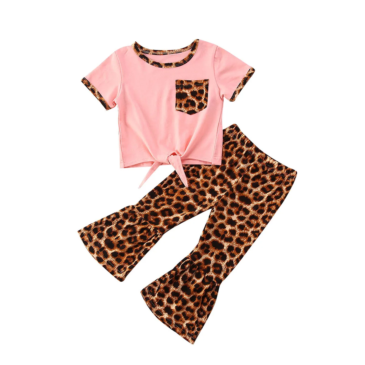 

Hot sale toddler baby girls summer clothes tops+leopard long pant outfits set, Black, pink