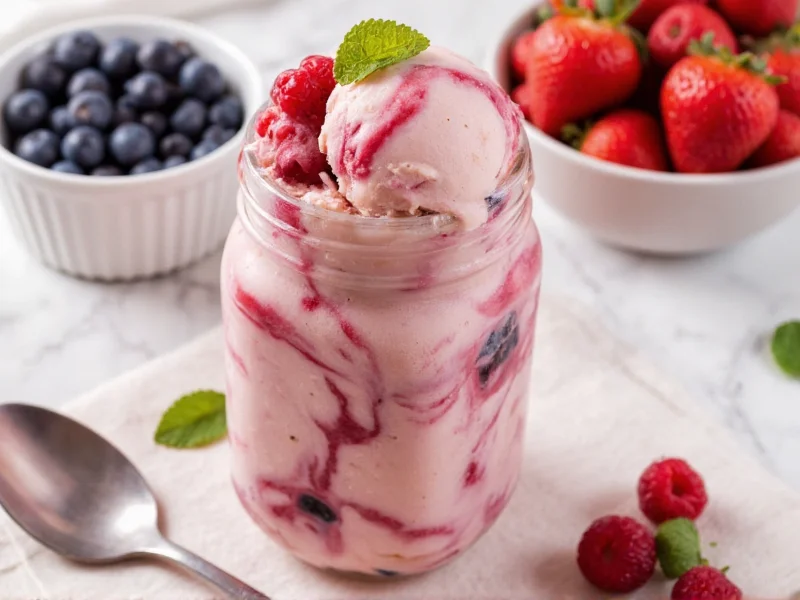 Homemade ice cream swirl with fresh fruit toppings in mason jar
