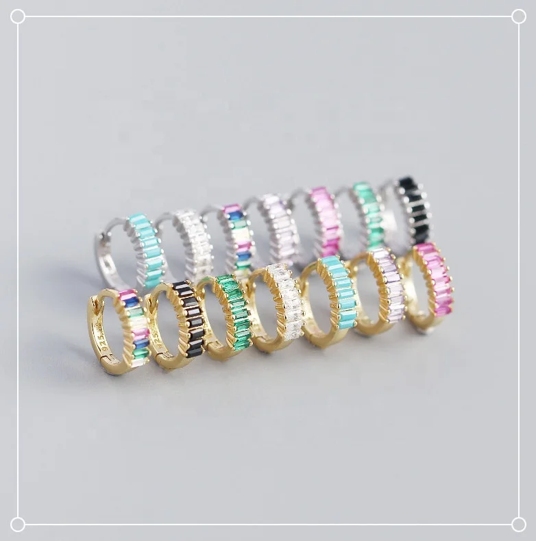

High fashion minimalist s925 sterling silver geometric colorful cubic zirconia gold plated huggie hoop earrings women wholesale, Gold and silver